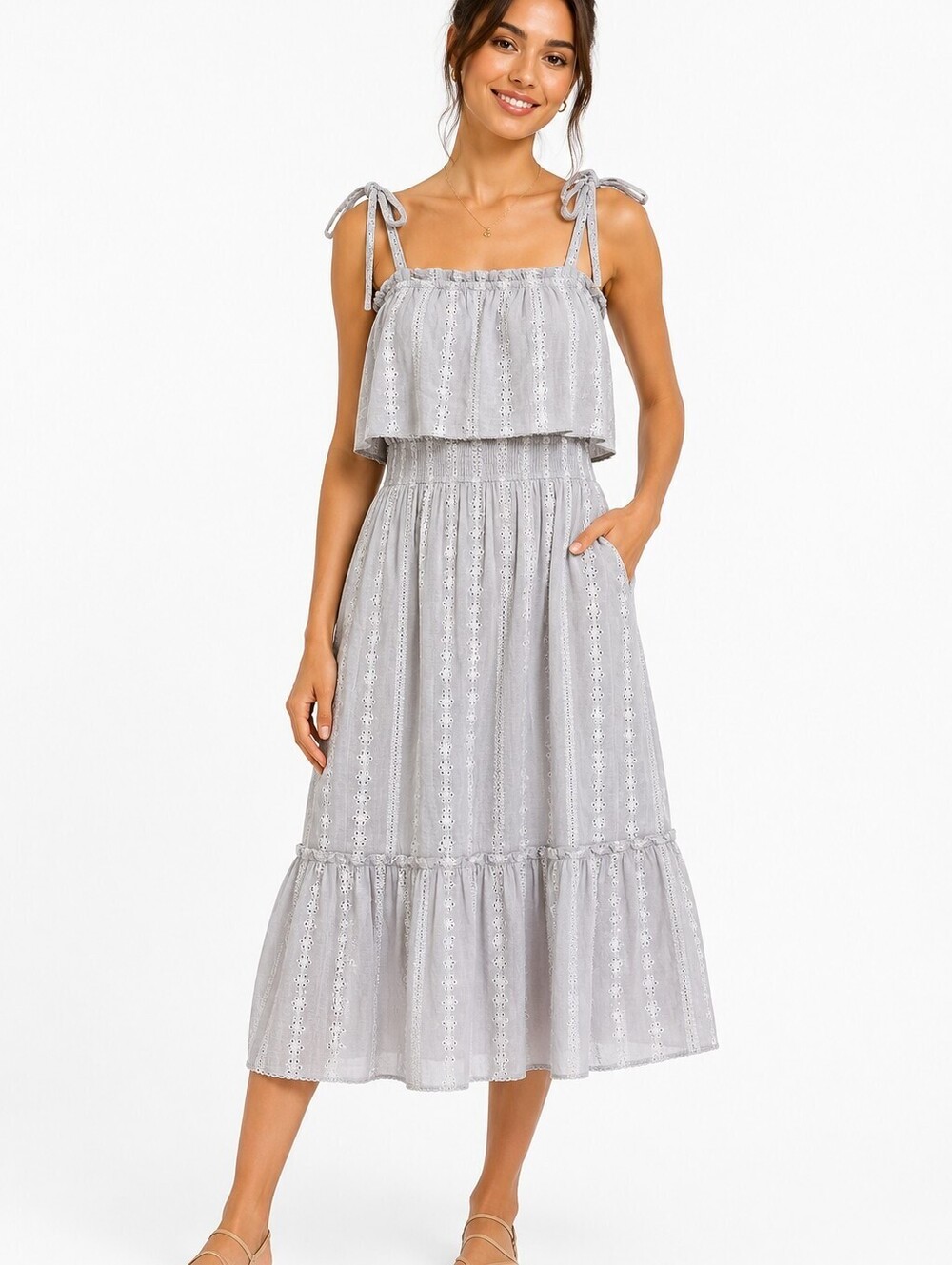Dress Forum Los Angeles Women's Eyelet Midi Dress Gray Cotton Tie Strap Size S